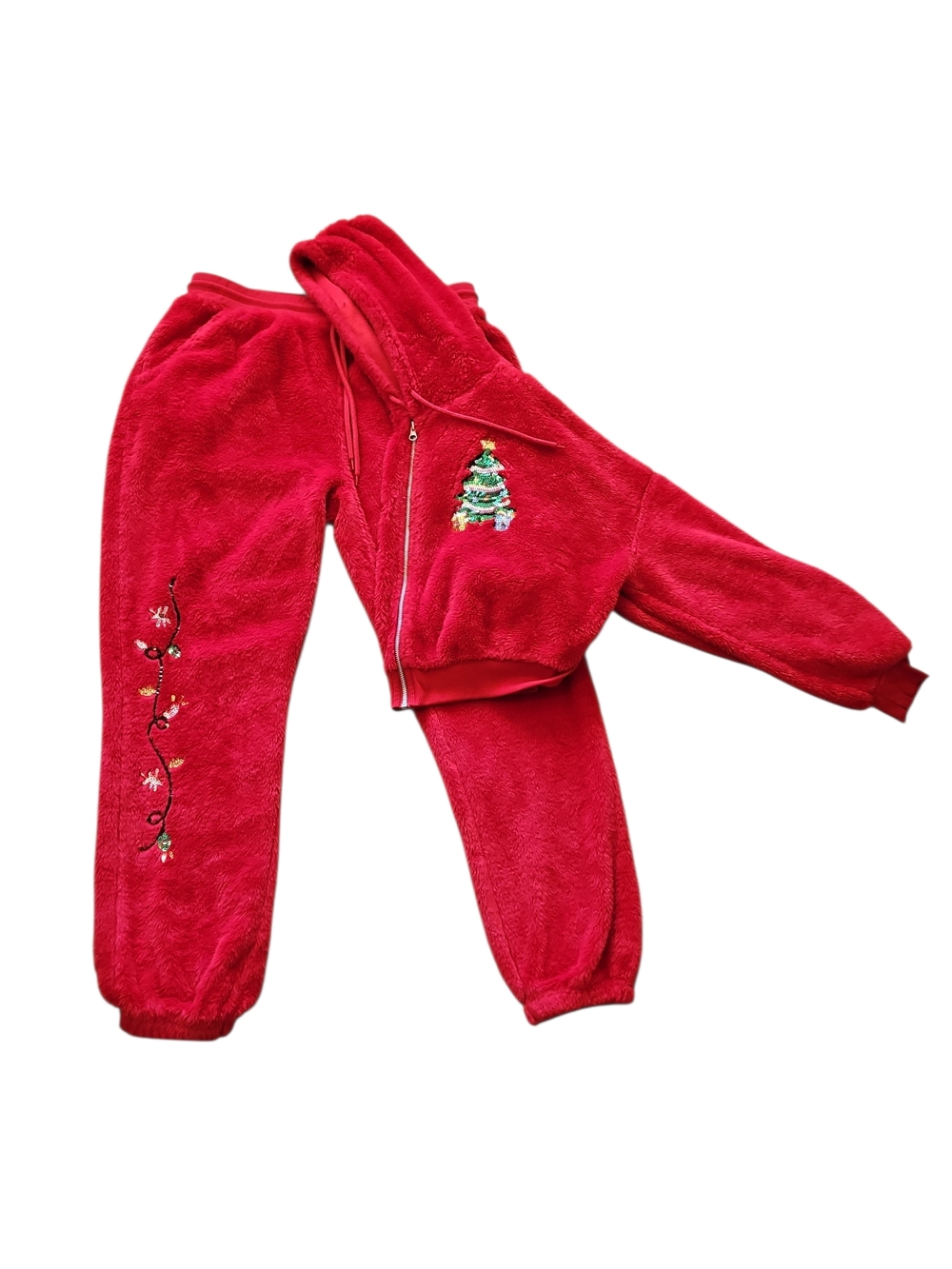Red Plush Womens Sweatpants Set with Holiday Embroidery Sequins Size Large